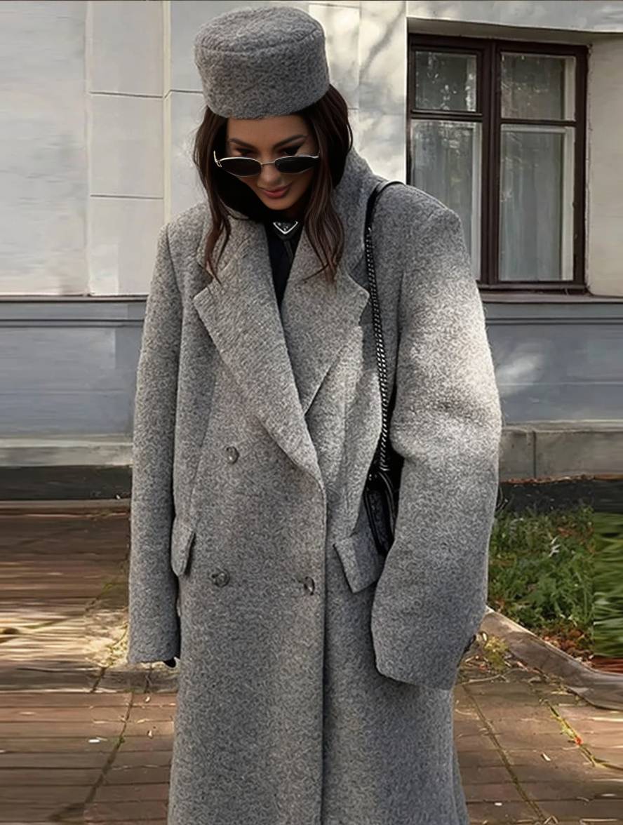 Levoire | Manteau Caban Long Double Boutonnage Poches Col Revers Manches Longues Femme Décontracté Oversize Mélange-Manteau