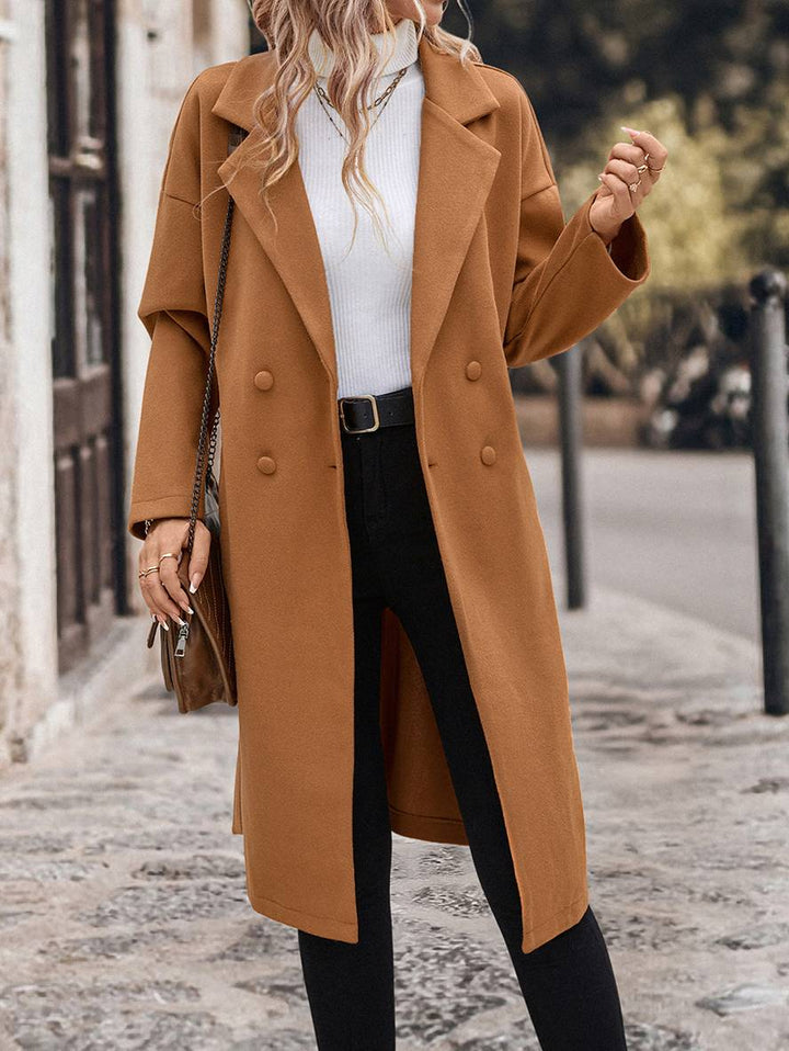 Levoire | Manteau Plus Long En Laine Double Fermeture À Boutons Poches Ceinture Col À Revers Femme Élégant Décontracté Large Cabans