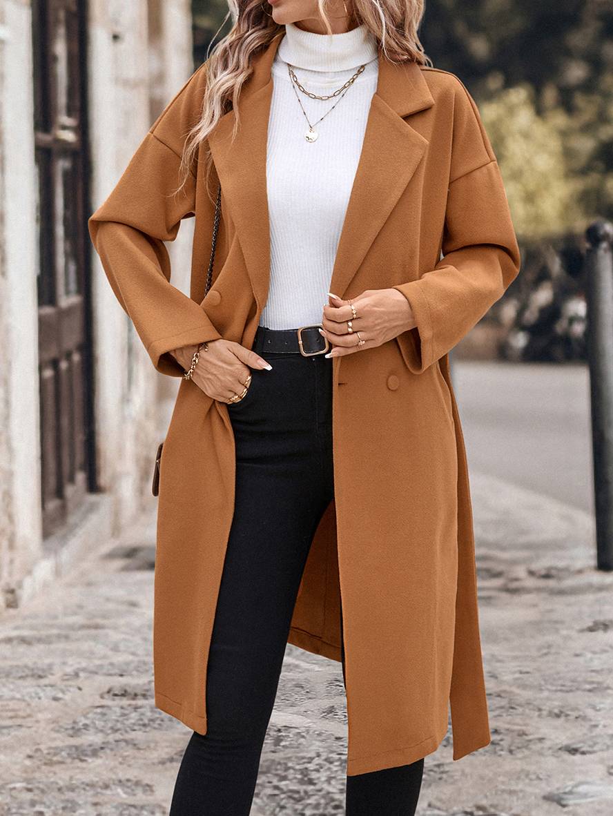 Levoire | Manteau Plus Long En Laine Double Fermeture À Boutons Poches Ceinture Col À Revers Femme Élégant Décontracté Large Cabans