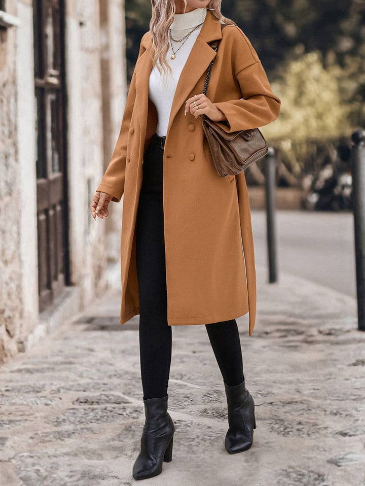 Levoire | Manteau Plus Long En Laine Double Fermeture À Boutons Poches Ceinture Col À Revers Femme Élégant Décontracté Large Cabans