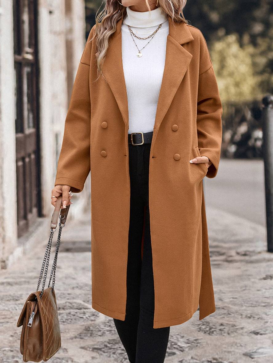 Levoire | Manteau Plus Long En Laine Double Fermeture À Boutons Poches Ceinture Col À Revers Femme Élégant Décontracté Large Cabans