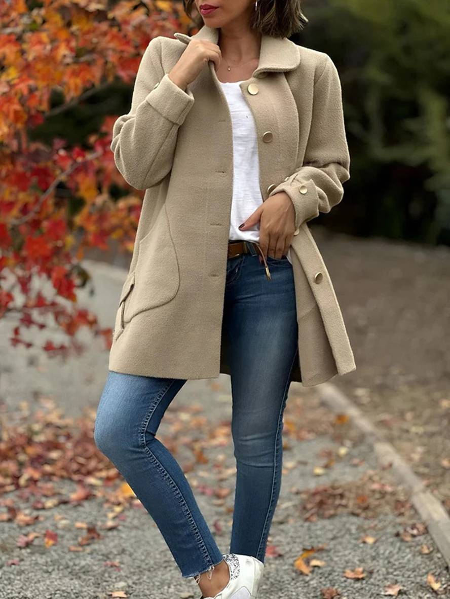 Levoire | Manteau Mi-Long En Laine Unie Avec Nœud, Patte De Boutonnage, Poches, Col À Revers Pour Femmes, Élégante, Décontractée, Veste Khaki