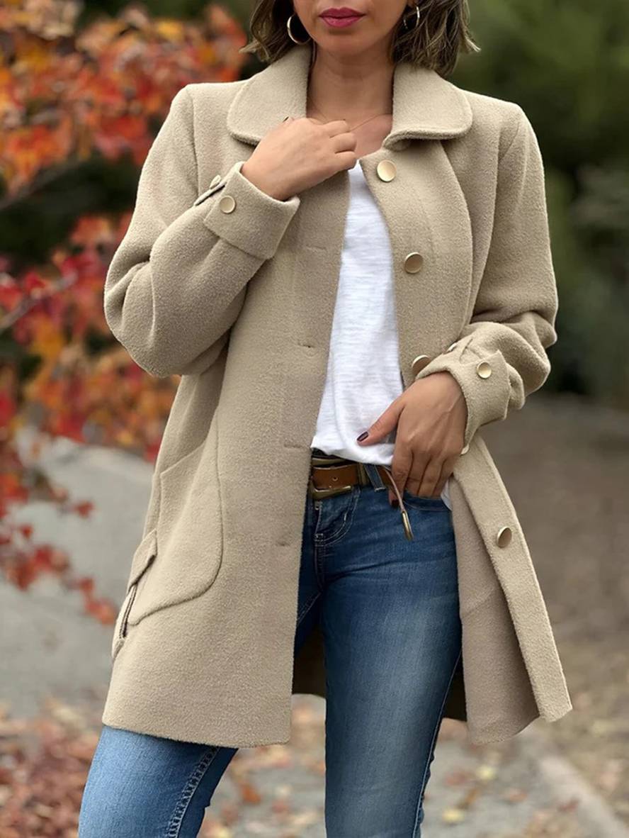 Levoire | Manteau Mi-Long En Laine Unie Avec Nœud, Patte De Boutonnage, Poches, Col À Revers Pour Femmes, Élégante, Décontractée, Veste