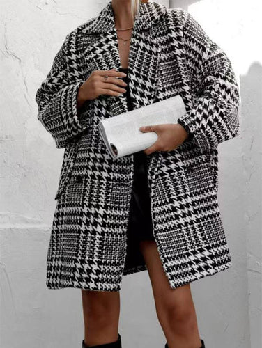 Levoire | Mi-Long Manteau En Laine Motif Écossais Double Boutonnage Poches Manches Longues Dames Élégant Coupe Ample Veste