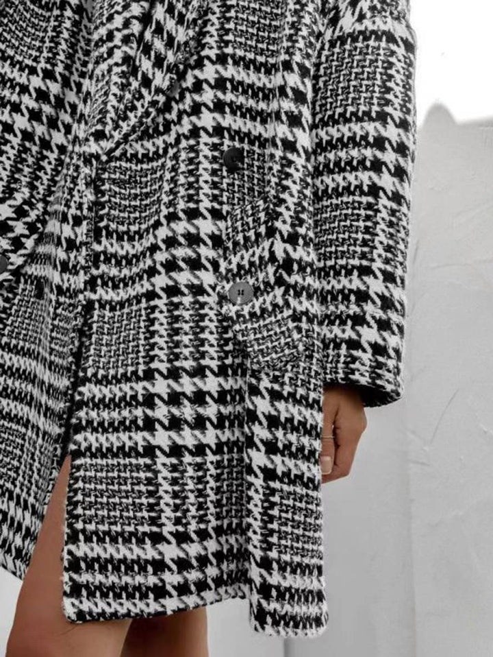 Levoire | Mi-Long Manteau En Laine Motif Écossais Double Boutonnage Poches Manches Longues Dames Élégant Coupe Ample Veste