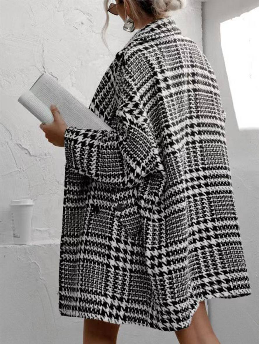 Levoire | Mi-Long Manteau En Laine Motif Écossais Double Boutonnage Poches Manches Longues Dames Élégant Coupe Ample Veste