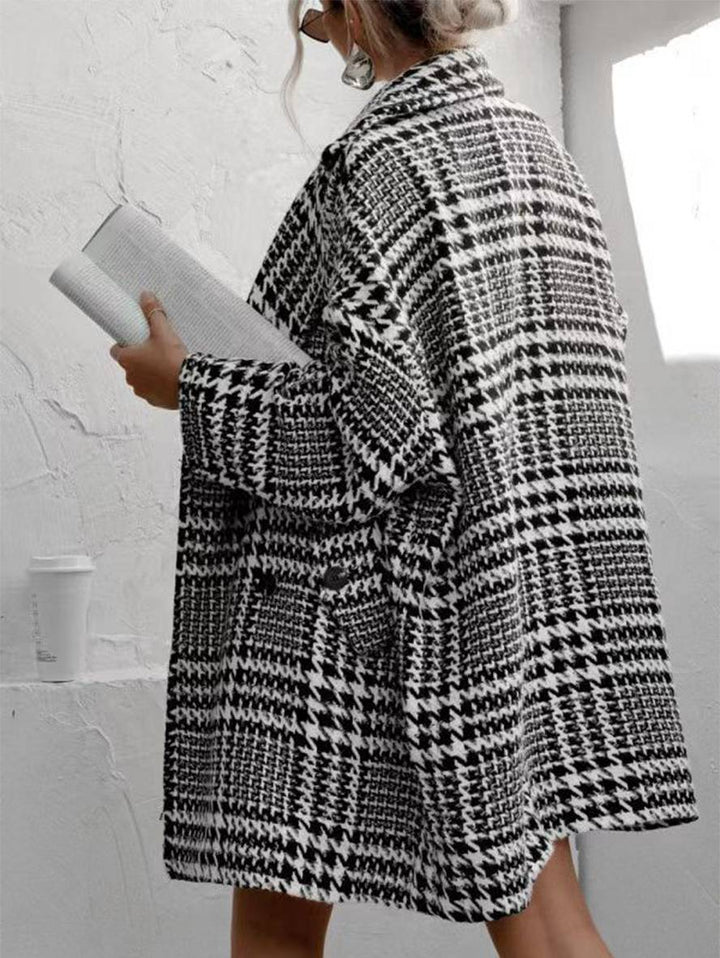 Levoire | Mi-Long Manteau En Laine Motif Écossais Double Boutonnage Poches Manches Longues Dames Élégant Coupe Ample Veste