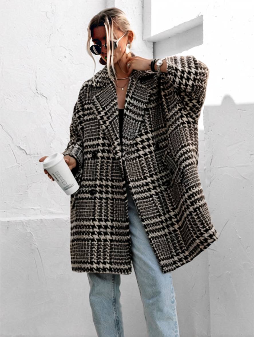 Levoire | Mi-Long Manteau En Laine Motif Écossais Double Boutonnage Poches Manches Longues Dames Élégant Coupe Ample Veste Abricot