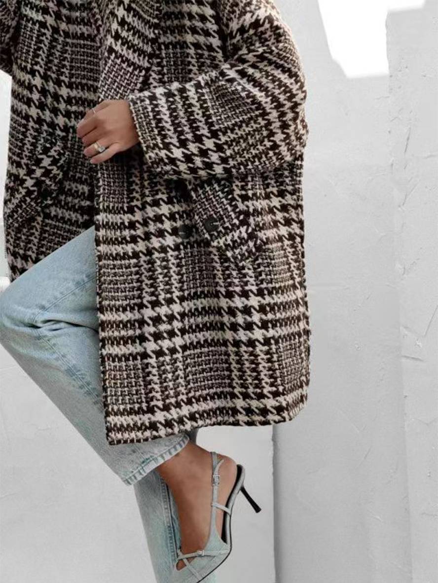 Levoire | Mi-Long Manteau En Laine Motif Écossais Double Boutonnage Poches Manches Longues Dames Élégant Coupe Ample Veste