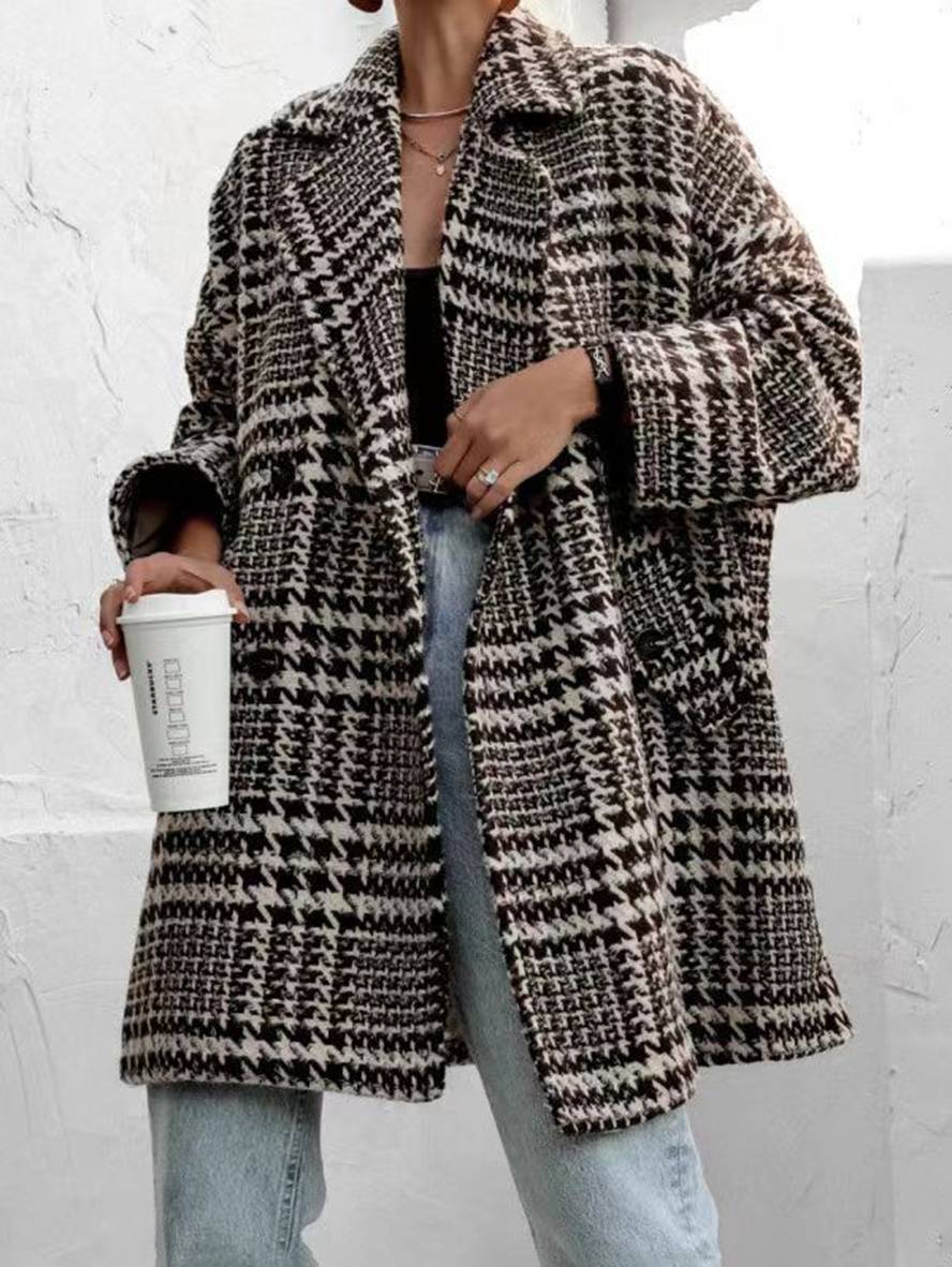 Levoire | Mi-Long Manteau En Laine Motif Écossais Double Boutonnage Poches Manches Longues Dames Élégant Coupe Ample Veste