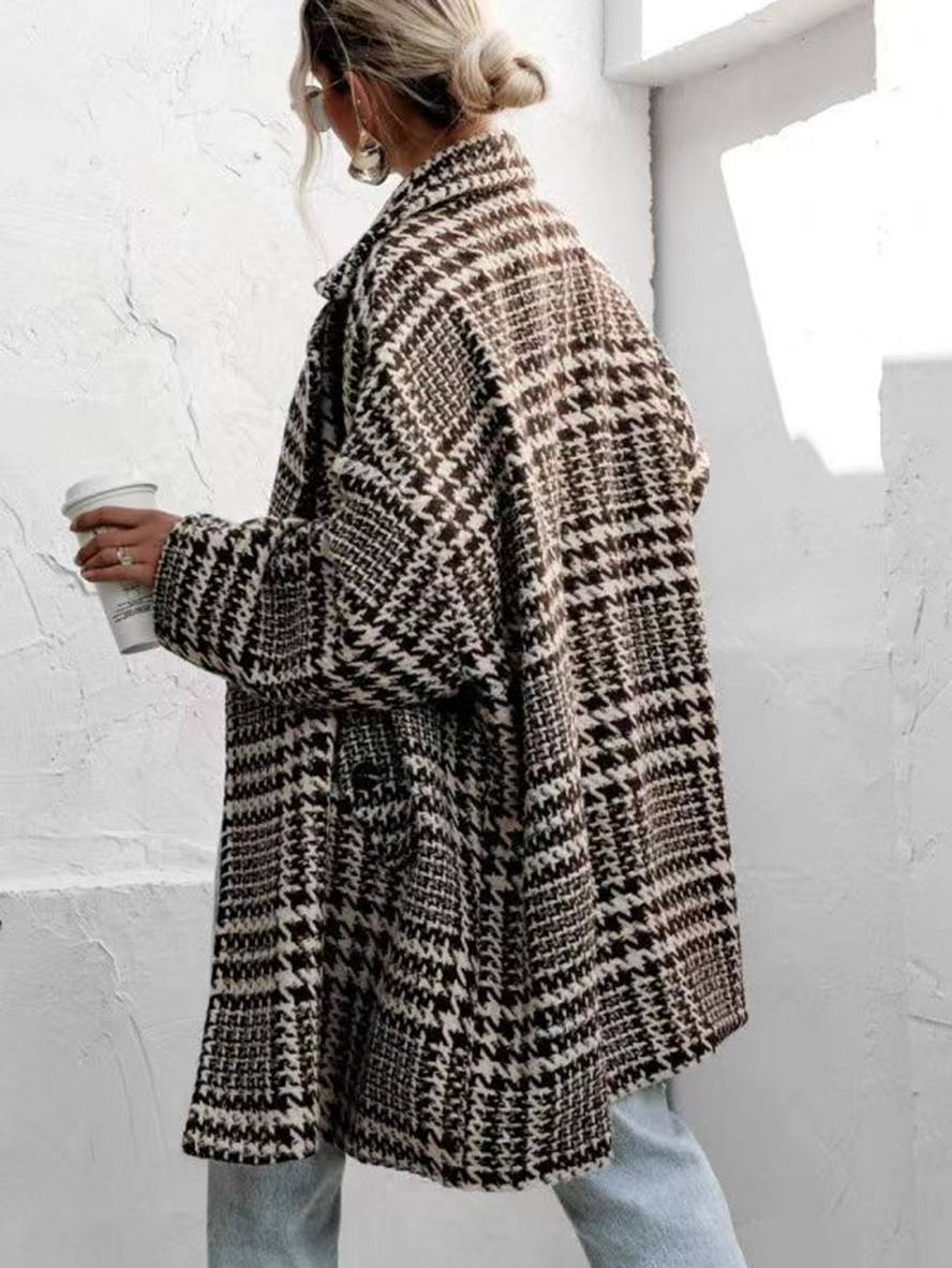 Levoire | Mi-Long Manteau En Laine Motif Écossais Double Boutonnage Poches Manches Longues Dames Élégant Coupe Ample Veste