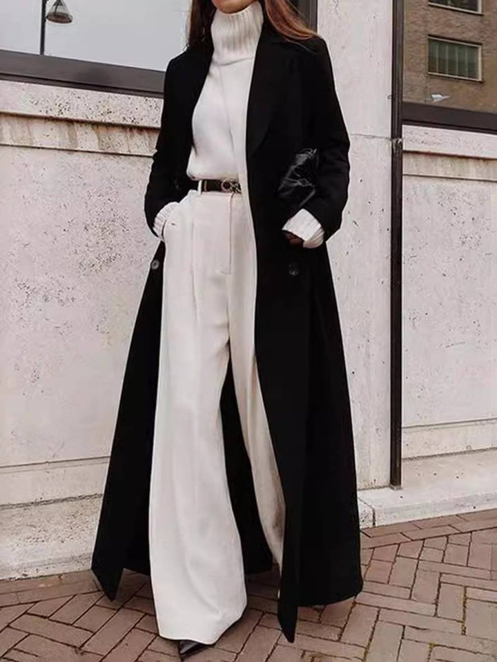 Levoire | Long Manteau Pour Femmes Patte De Boutonnage Poches Col Revers Manches Longues Élégant Décontracté Noir