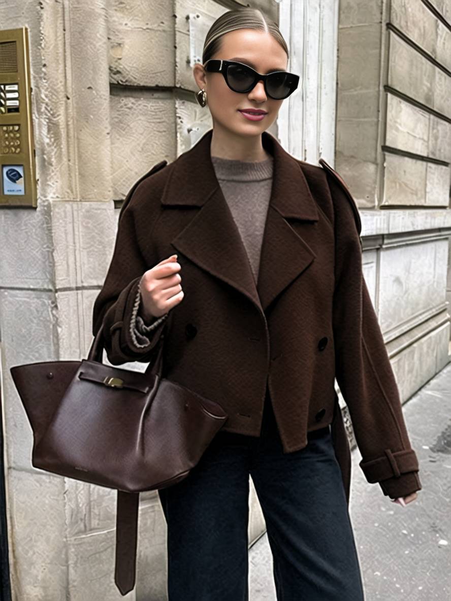 Levoire | Manteau Court En Laine Avec Double Rangée De Boutons, Ceinture, Col En Revers, Élégant, Décontracté, Veste De Caban Braun