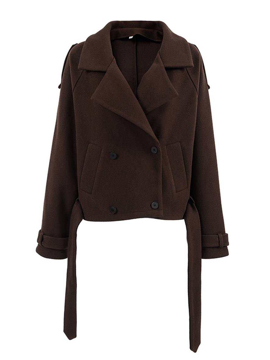 Levoire | Manteau Court En Laine Avec Double Rangée De Boutons, Ceinture, Col En Revers, Élégant, Décontracté, Veste De Caban