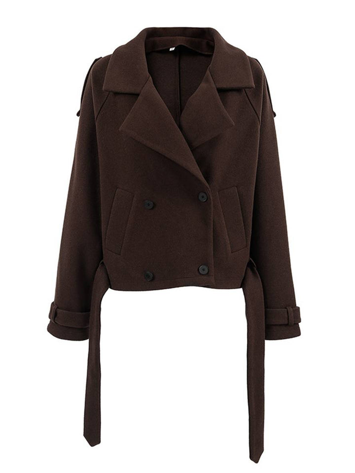 Levoire | Manteau Court En Laine Avec Double Rangée De Boutons, Ceinture, Col En Revers, Élégant, Décontracté, Veste De Caban