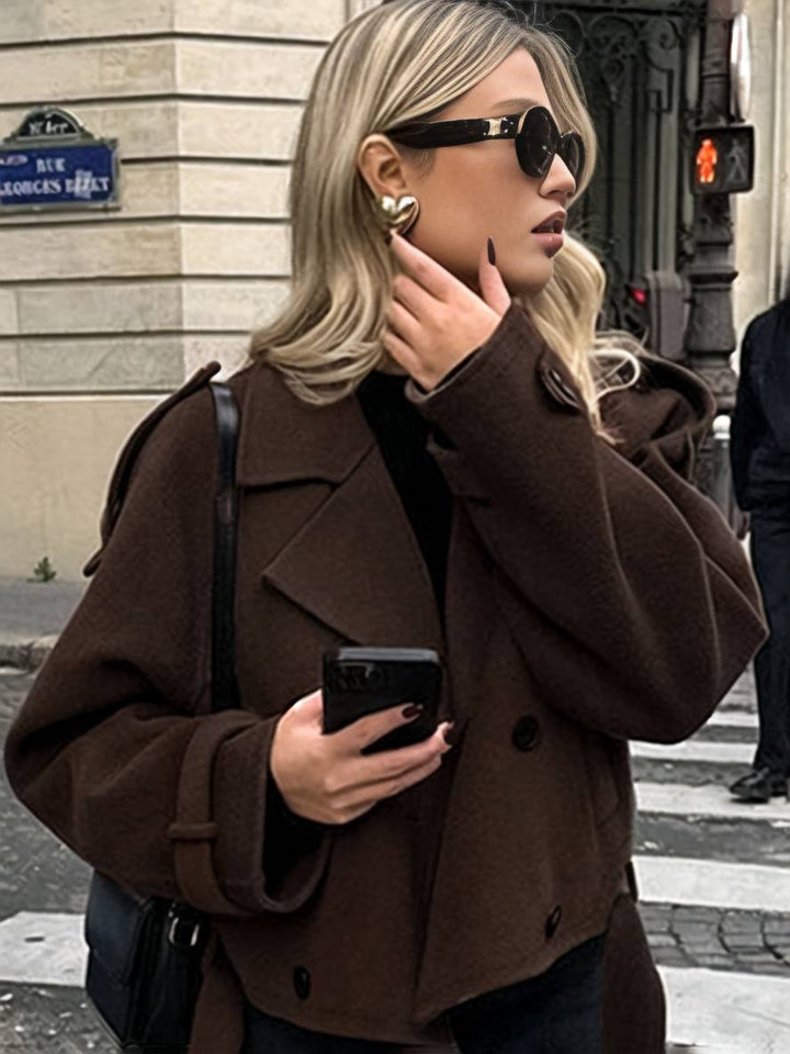 Levoire | Manteau Court En Laine Avec Double Rangée De Boutons, Ceinture, Col En Revers, Élégant, Décontracté, Veste De Caban