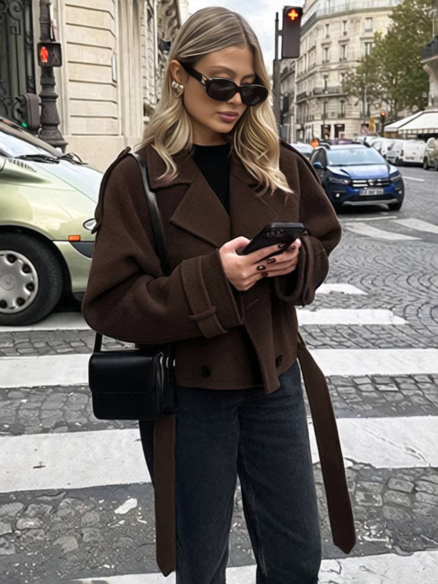 Levoire | Manteau Court En Laine Avec Double Rangée De Boutons, Ceinture, Col En Revers, Élégant, Décontracté, Veste De Caban