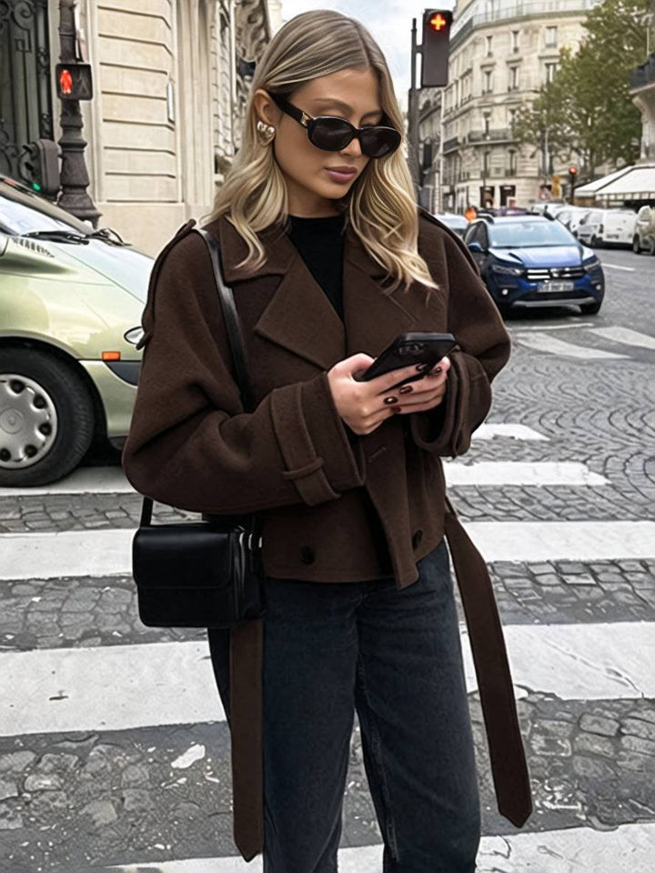 Levoire | Manteau Court En Laine Avec Double Rangée De Boutons, Ceinture, Col En Revers, Élégant, Décontracté, Veste De Caban