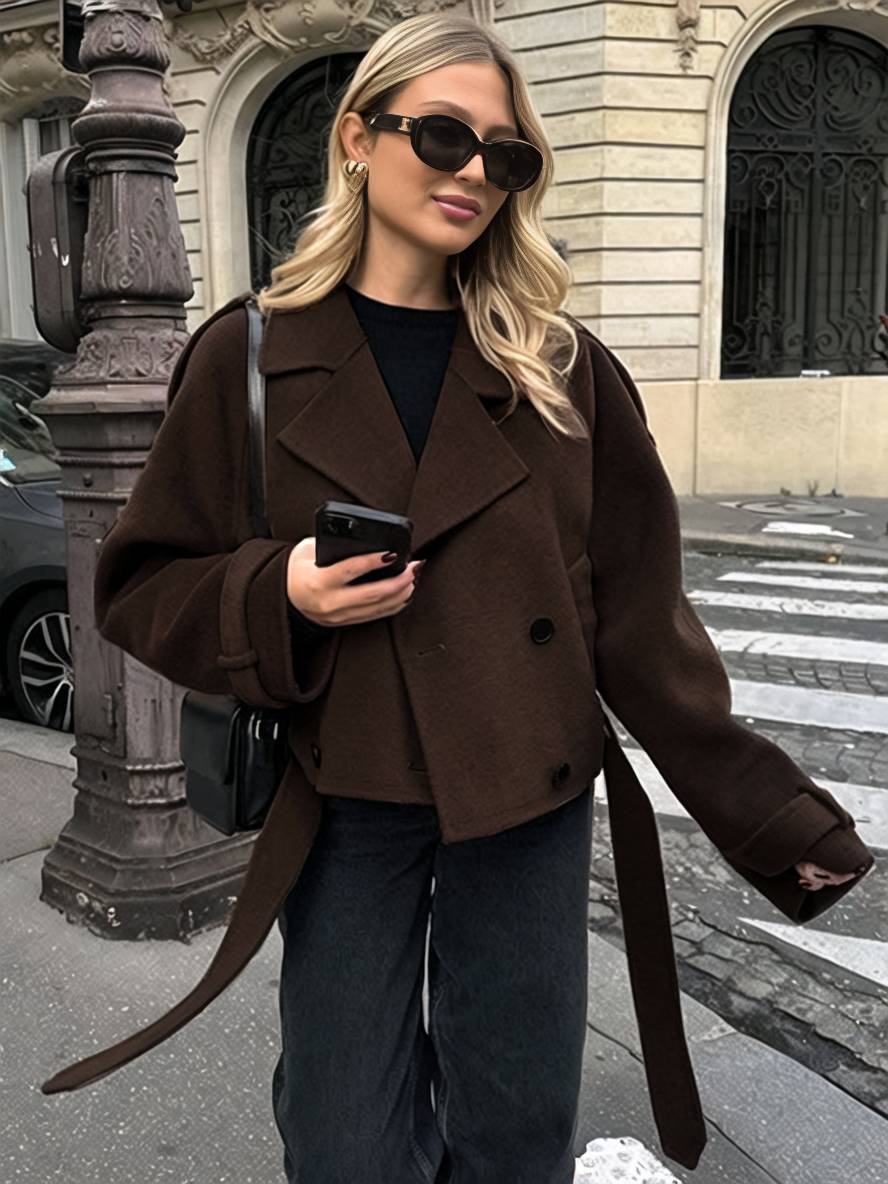 Levoire | Manteau Court En Laine Avec Double Rangée De Boutons, Ceinture, Col En Revers, Élégant, Décontracté, Veste De Caban