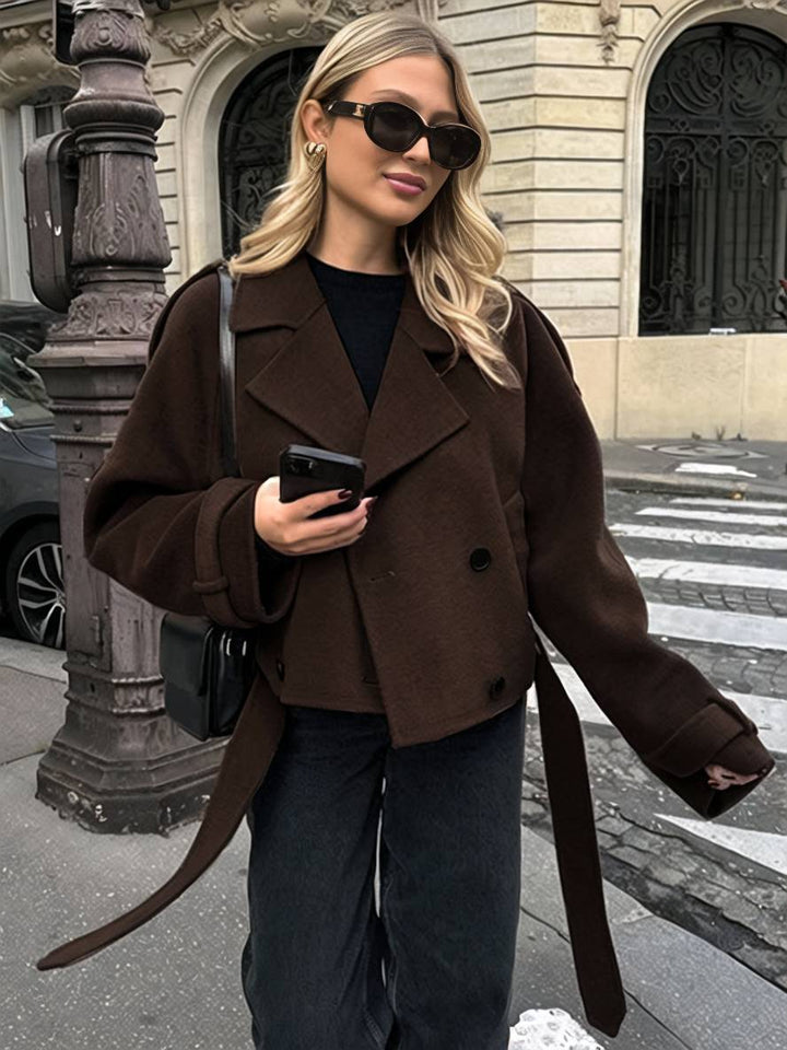 Levoire | Manteau Court En Laine Avec Double Rangée De Boutons, Ceinture, Col En Revers, Élégant, Décontracté, Veste De Caban