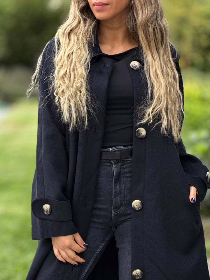 Levoire | Manteau Mi-Long Uni Boutons Poches Manches Longues Dames Élégant Décontracté Large Veste Noir