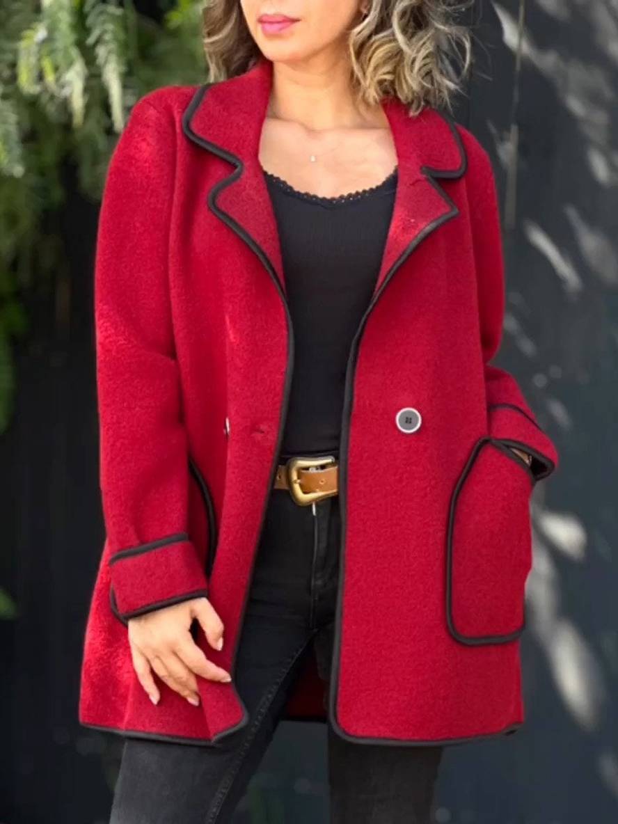 Levoire | Manteau En Laine Midi-Long Avec Boutons Poches Col À Revers Femme Élégant Décontracté Oversized Veste Rot