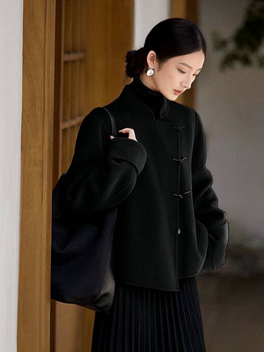 Levoire | Manteau Court En Laine Unie Avec Fermeture À Boutons Col Haut Manches Longues Femme Élégant Vintage Décontracté Veste