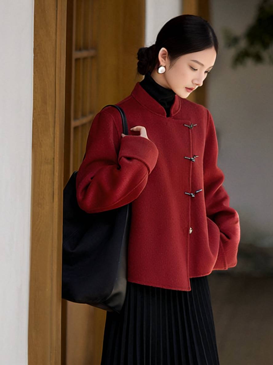 Levoire | Manteau Court En Laine Unie Avec Fermeture À Boutons Col Haut Manches Longues Femme Élégant Vintage Décontracté Veste