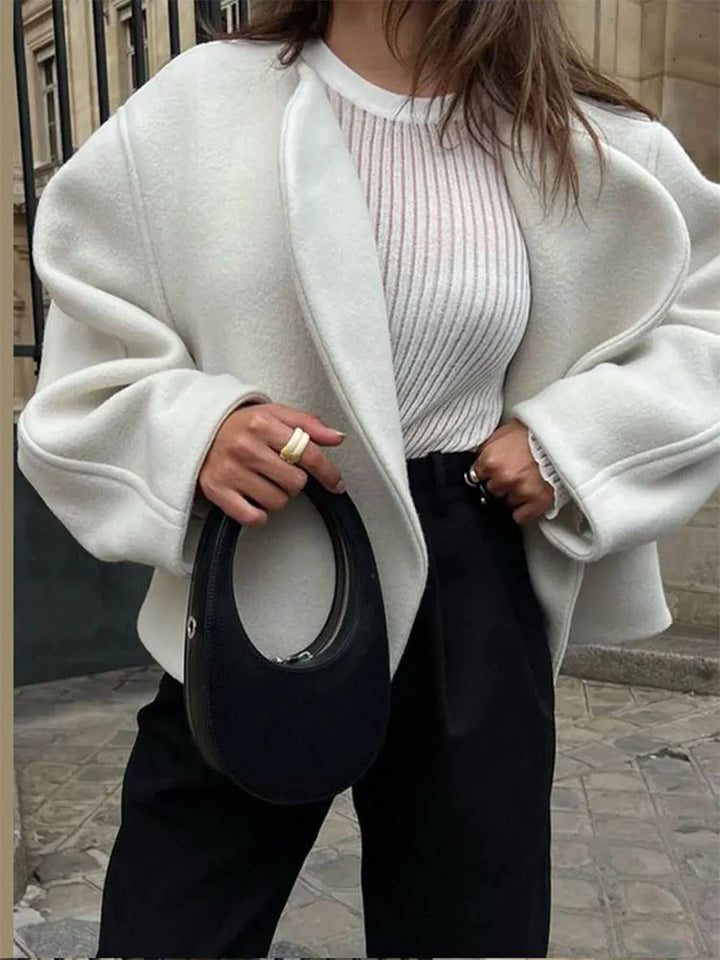 Levoire | Manteau Court Élégant De Loisirs En Laine Uni Avec Col À Revers, Manches Longues Pour Femmes, Veste Ample