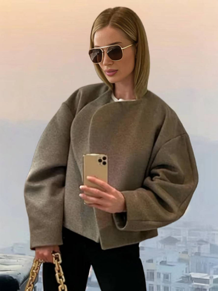 Levoire | Manteau Court Élégant De Loisirs En Laine Uni Avec Col À Revers, Manches Longues Pour Femmes, Veste Ample Khaki