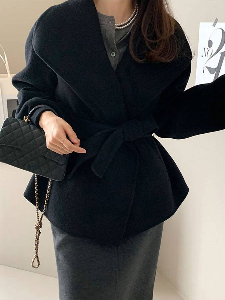 Levoire | Mi-Long Manteau En Laine Uni Ceinture Poches Femme Élégant Décontracté Casual Blouson Noir TAILLE UNIQUE