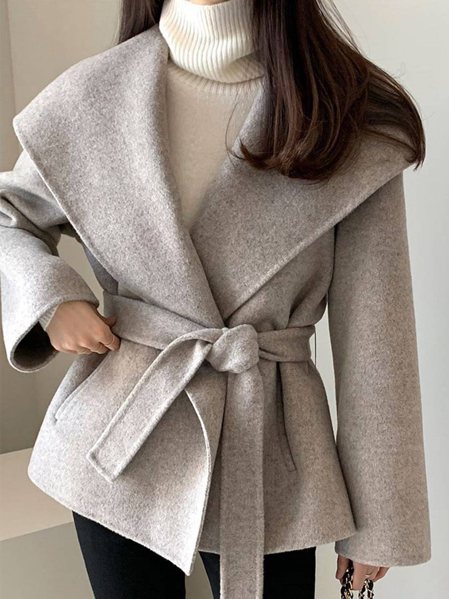 Levoire | Mi-Long Manteau En Laine Uni Ceinture Poches Femme Élégant Décontracté Casual Blouson Gris TAILLE UNIQUE