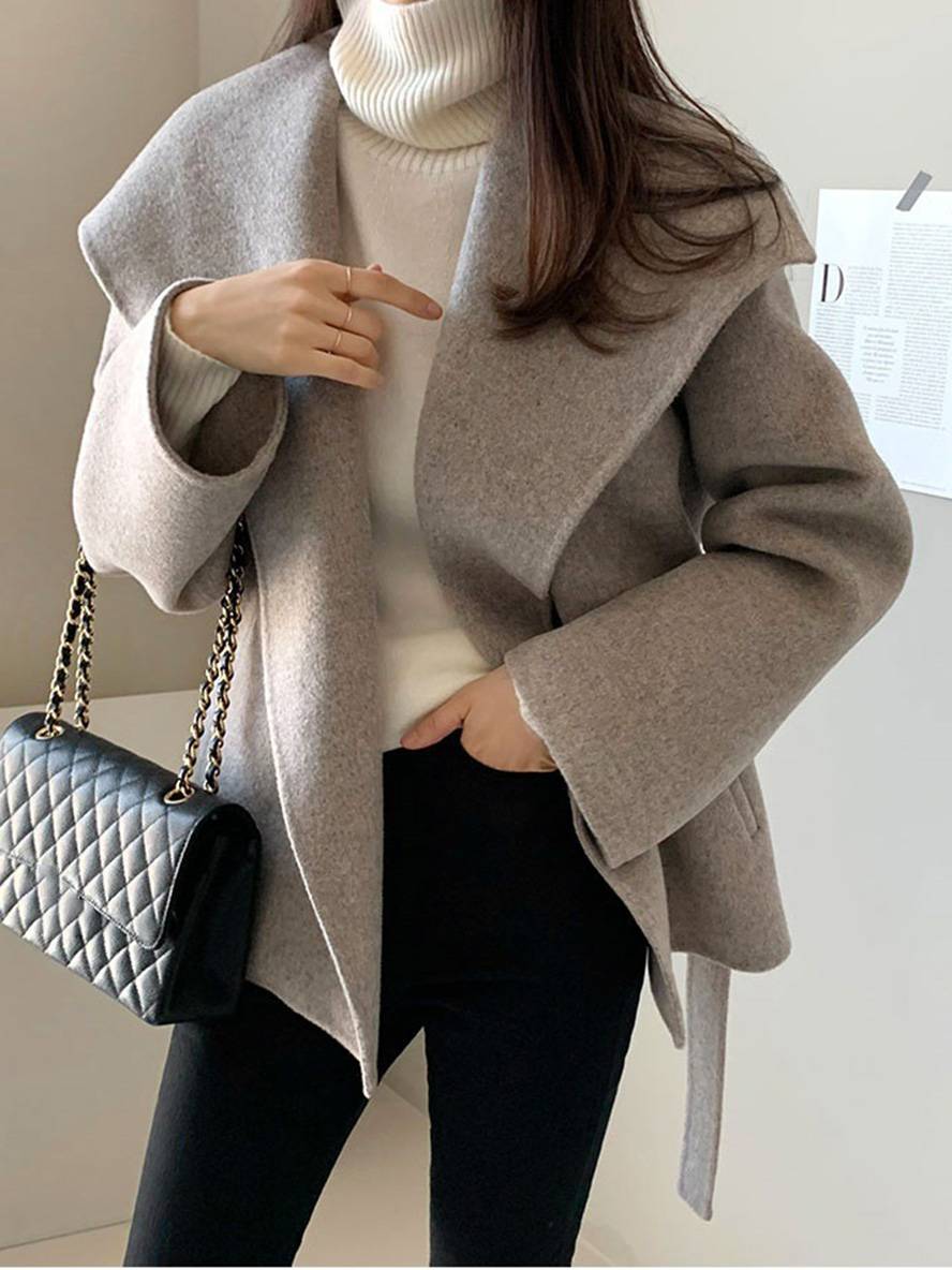 Levoire | Mi-Long Manteau En Laine Uni Ceinture Poches Femme Élégant Décontracté Casual Blouson