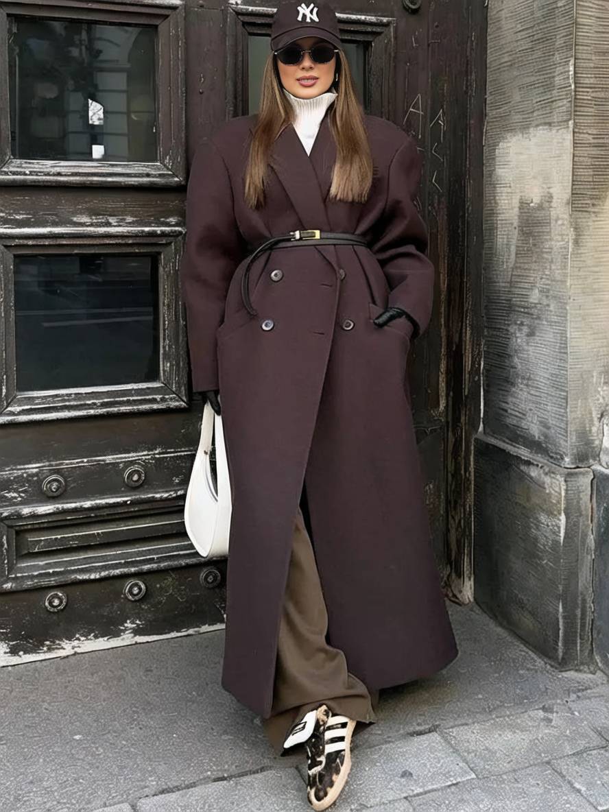 Levoire | Manteau Cabans Long Double Boutons Poches Col Revers Dame Élégant Décontracté Oversized Hiver Veste Braun