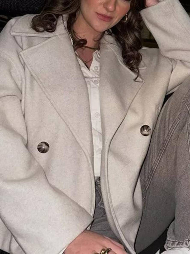 Levoire | Manteau Court Caban À Double Boutonnage Poches Col À Revers Femme Élégant Décontracté Large Veste Blanche