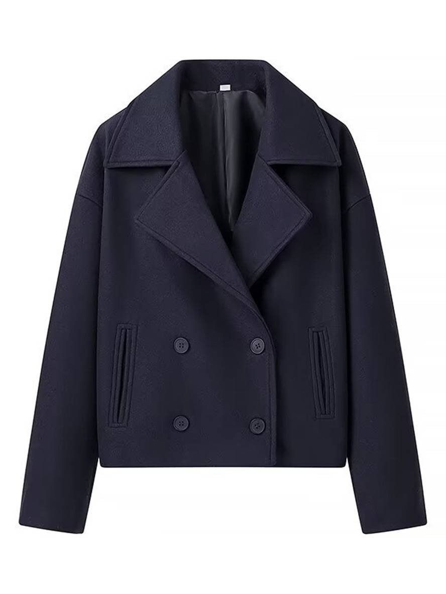 Levoire | Manteau Court Caban À Double Boutonnage Poches Col À Revers Femme Élégant Décontracté Large Veste