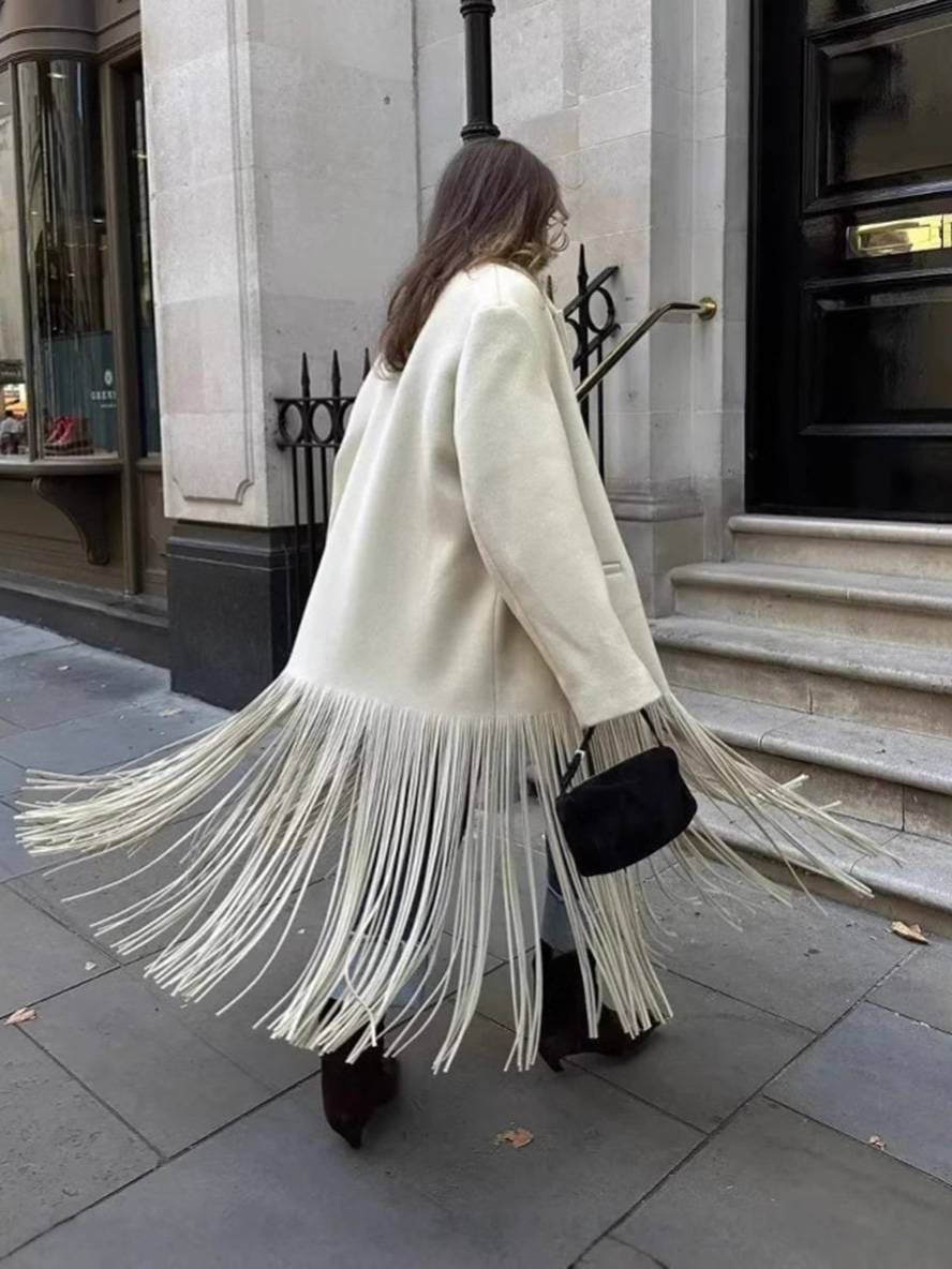 Levoire | Long Manteau En Laine Unicolore Franges Boutons Poches Col Revers Femme Élégant Décontracté Oversized Blouson Beige