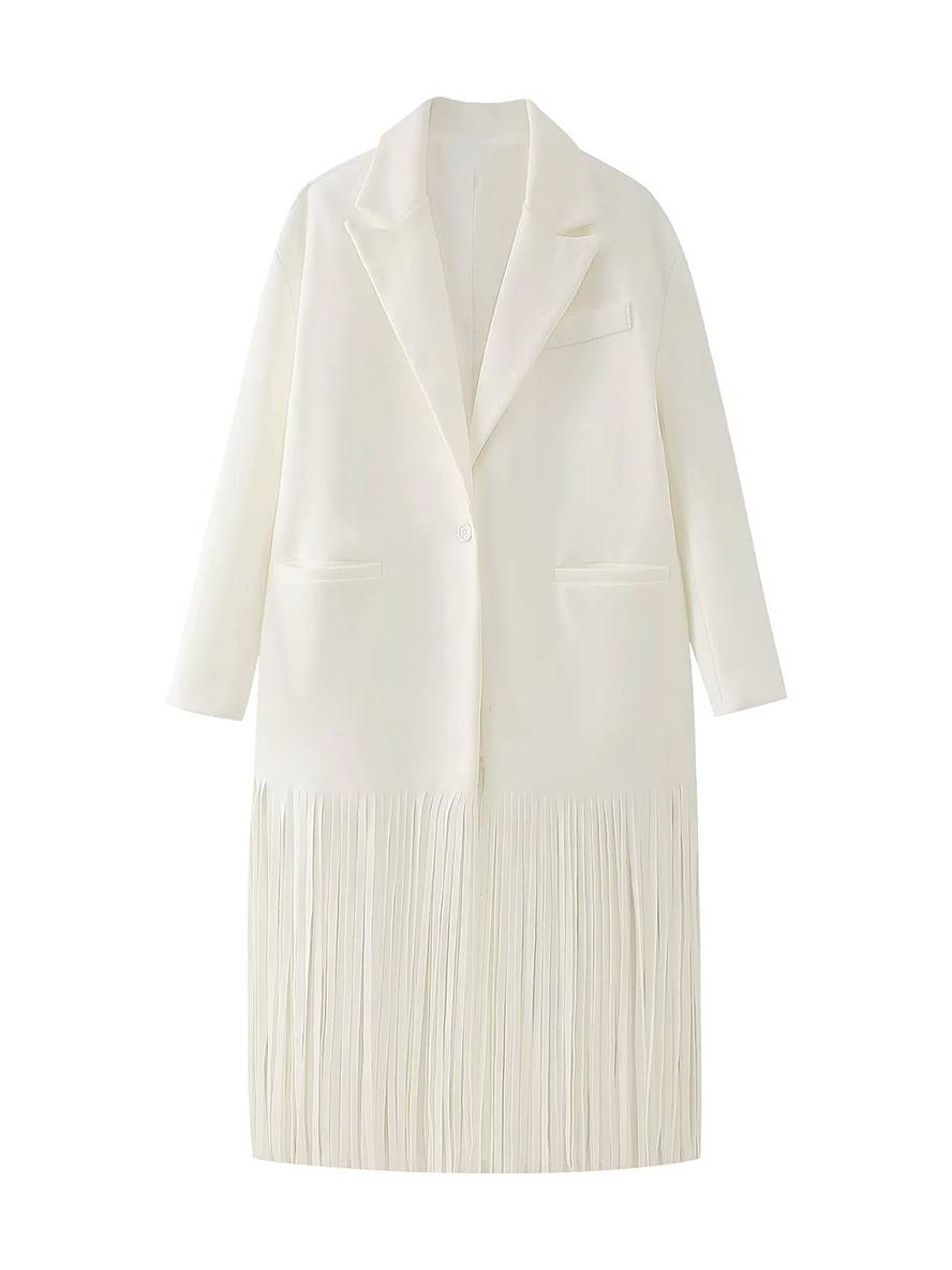 Levoire | Long Manteau En Laine Unicolore Franges Boutons Poches Col Revers Femme Élégant Décontracté Oversized Blouson