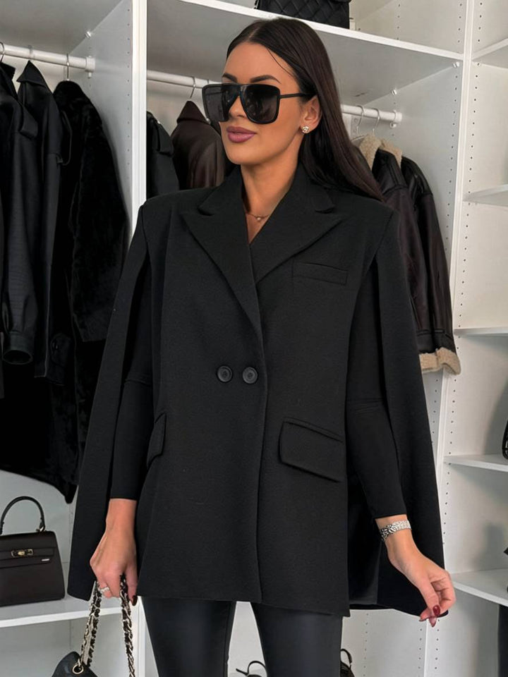 Levoire | Poncho Manteau Femmes Uni Boutons Poches Manches Longues Rempli Élégant Décontracté Veste Noir