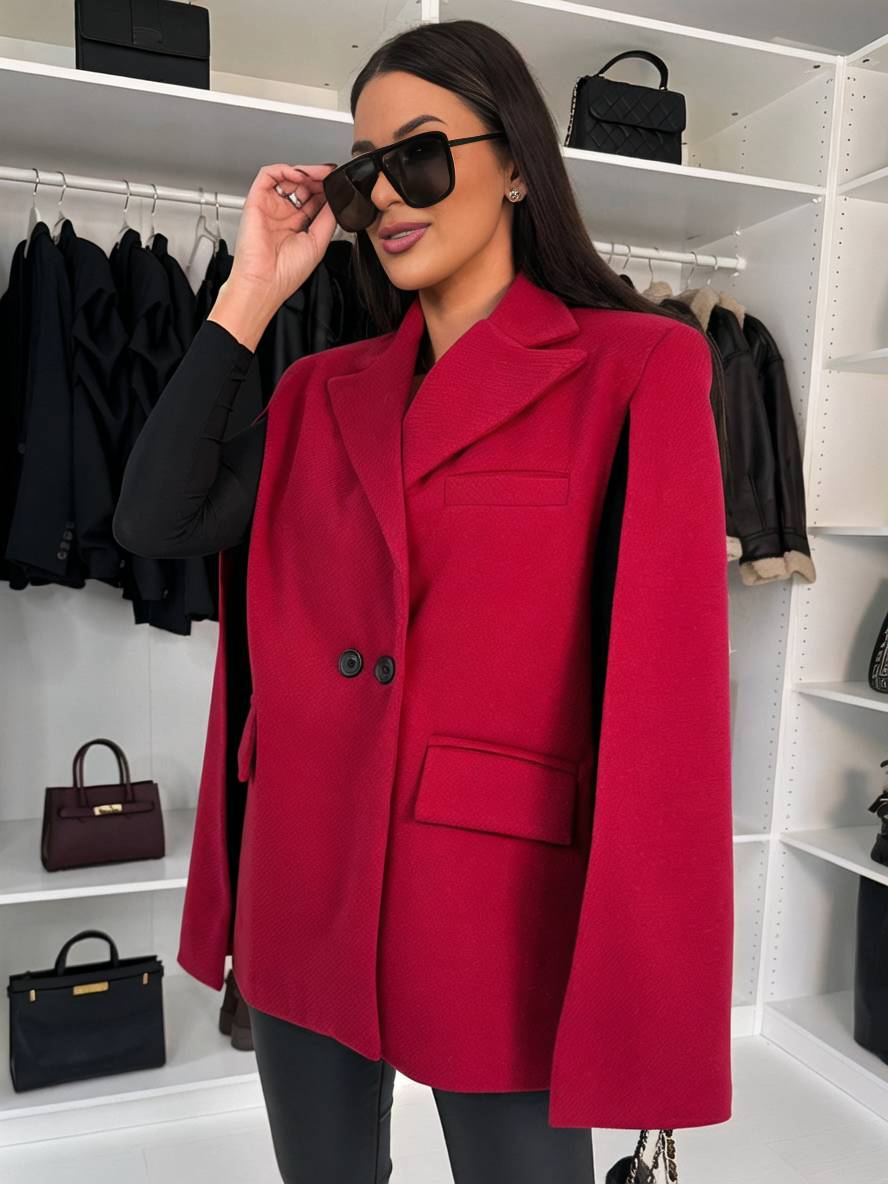 Levoire | Poncho Manteau Femmes Uni Boutons Poches Manches Longues Rempli Élégant Décontracté Veste Rot