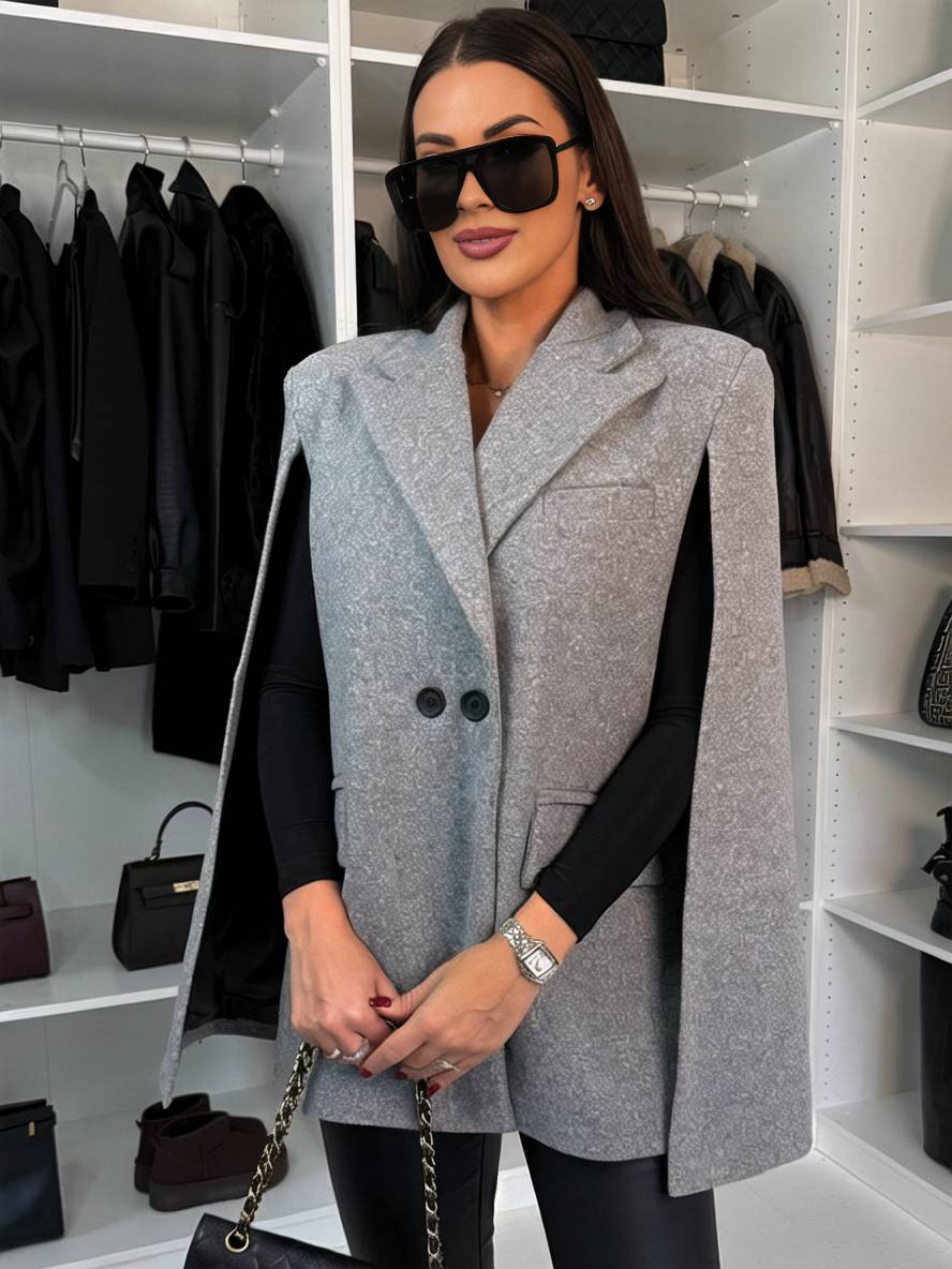 Levoire | Poncho Manteau Femmes Uni Boutons Poches Manches Longues Rempli Élégant Décontracté Veste Gris