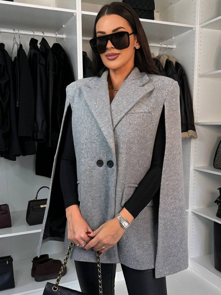 Levoire | Poncho Manteau Femmes Uni Boutons Poches Manches Longues Rempli Élégant Décontracté Veste Gris