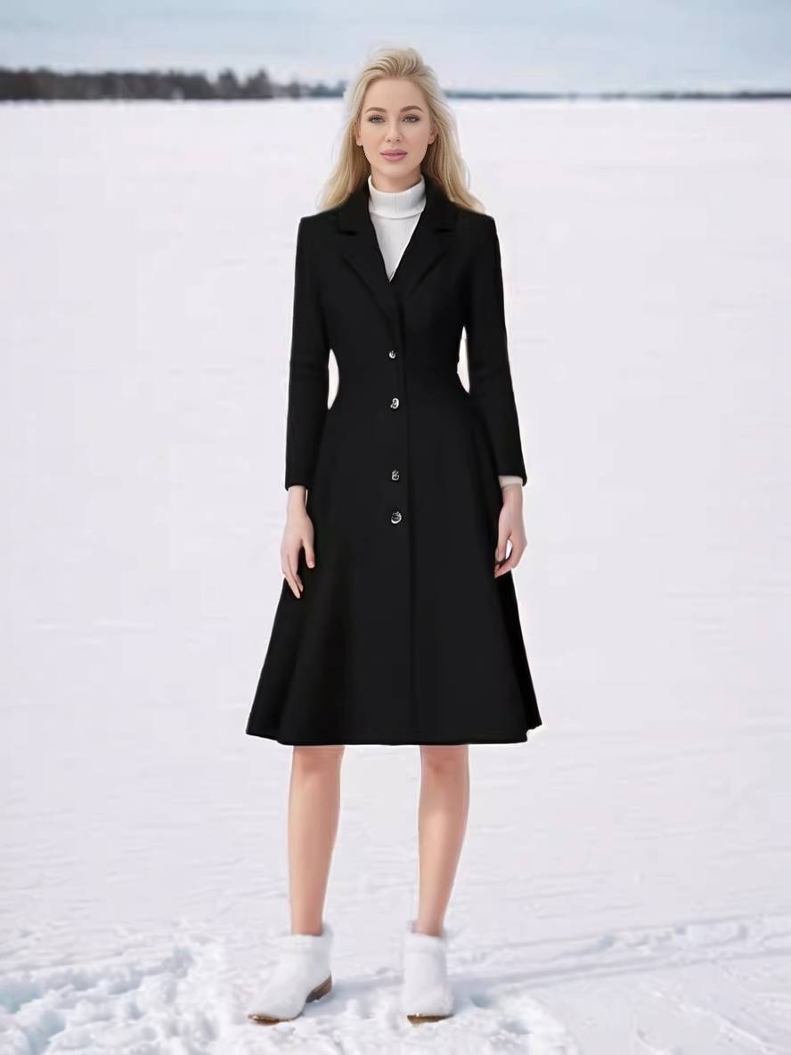 Levoire | Manteau Mi-Long En Laine A-Ligne Boutons Col À Revers Manches Longues Pour Femmes Élégant Décontracté Gilet Décontracté Noir