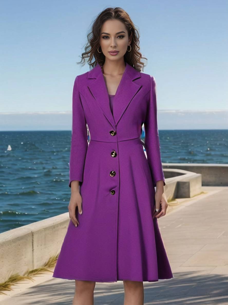 Levoire | Manteau Mi-Long En Laine A-Ligne Boutons Col À Revers Manches Longues Pour Femmes Élégant Décontracté Gilet Décontracté Violet