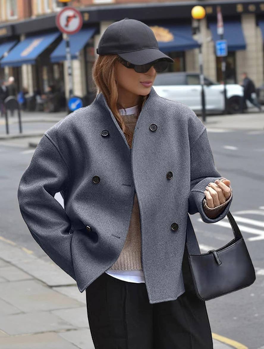 Levoire | Manteau Caban En Laine Cintré Avec Col Rond Manches Longues Femme Élégant Décontracté Gris