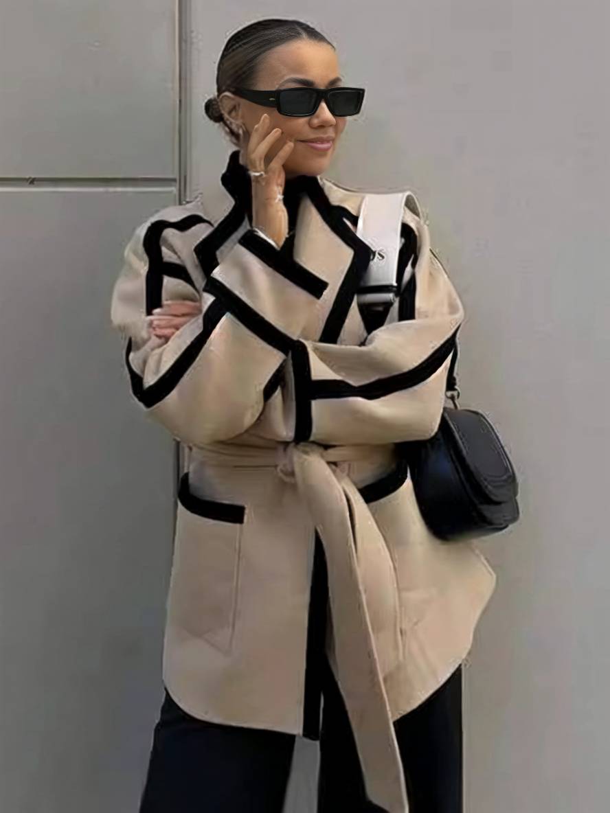 Levoire | Manteau En Laine Mi-Long Ceinture Poches Revers Femme Élégant Décontracté Ample Manteau De Loisirs