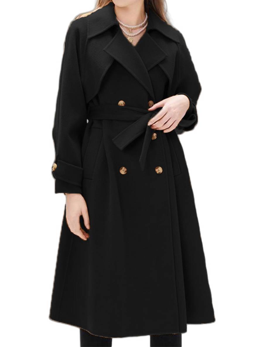 Levoire | Mi-Long Manteau En Laine Avec Double Boutonnage Poches Ceinture Femme Élégant Casual Surdimensionné Noir
