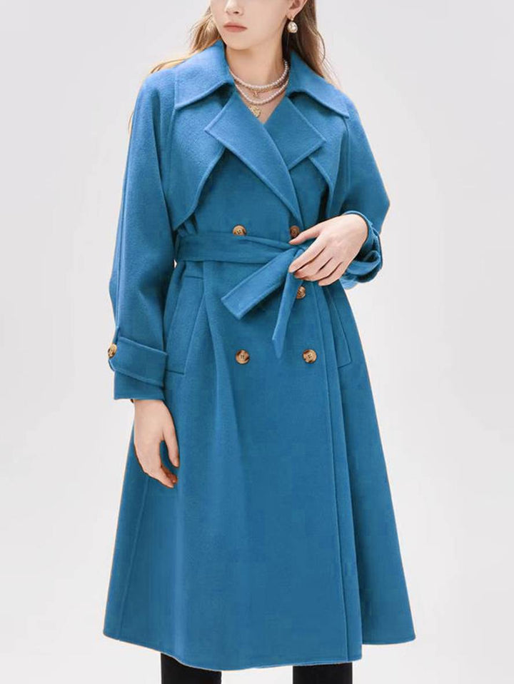 Levoire | Mi-Long Manteau En Laine Avec Double Boutonnage Poches Ceinture Femme Élégant Casual Surdimensionné Bleu