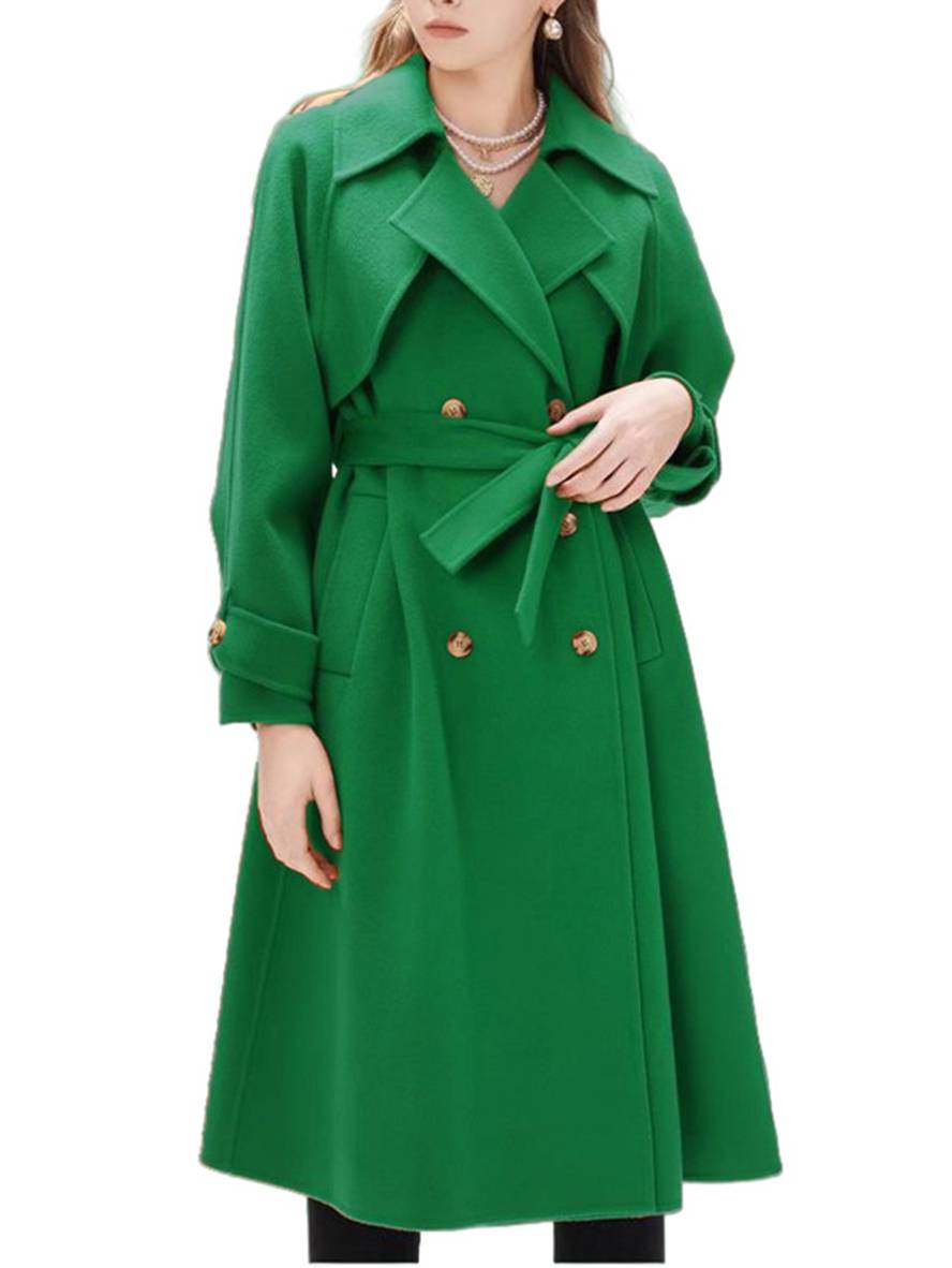 Levoire | Mi-Long Manteau En Laine Avec Double Boutonnage Poches Ceinture Femme Élégant Casual Surdimensionné Vert