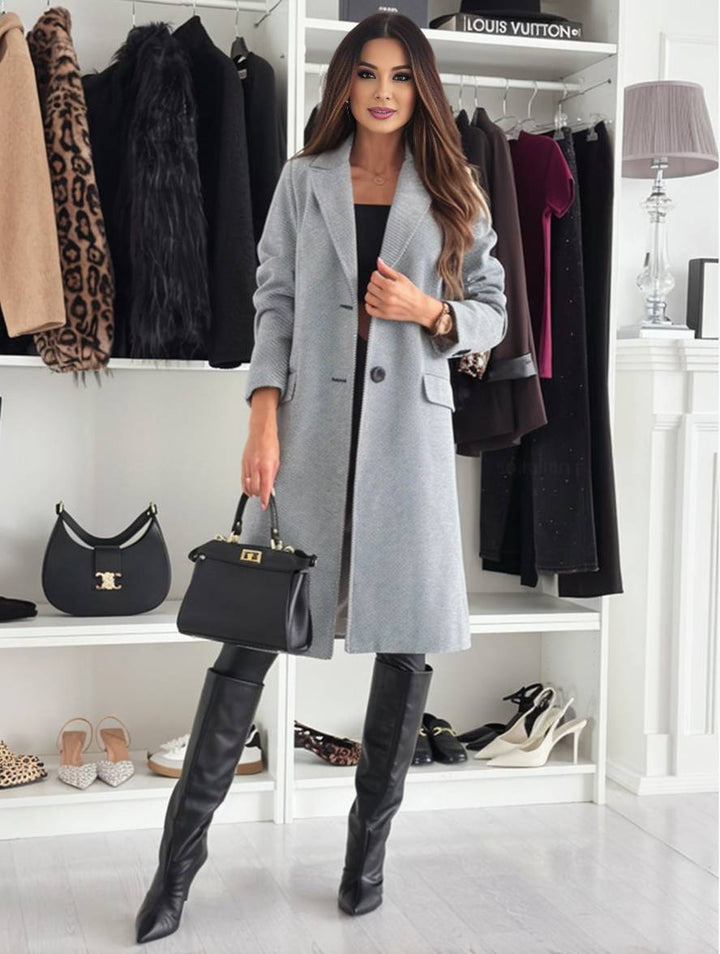 Levoire | Manteau Mi-Long Uni Boutons Poches Col Boutonné Manches Longues Femmes Élégant Décontracté